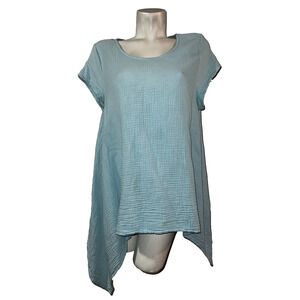 BRYN WALKER Top Womens Size S Light Blue Asymmetrical Hem Cotton Lagenlook Tunic